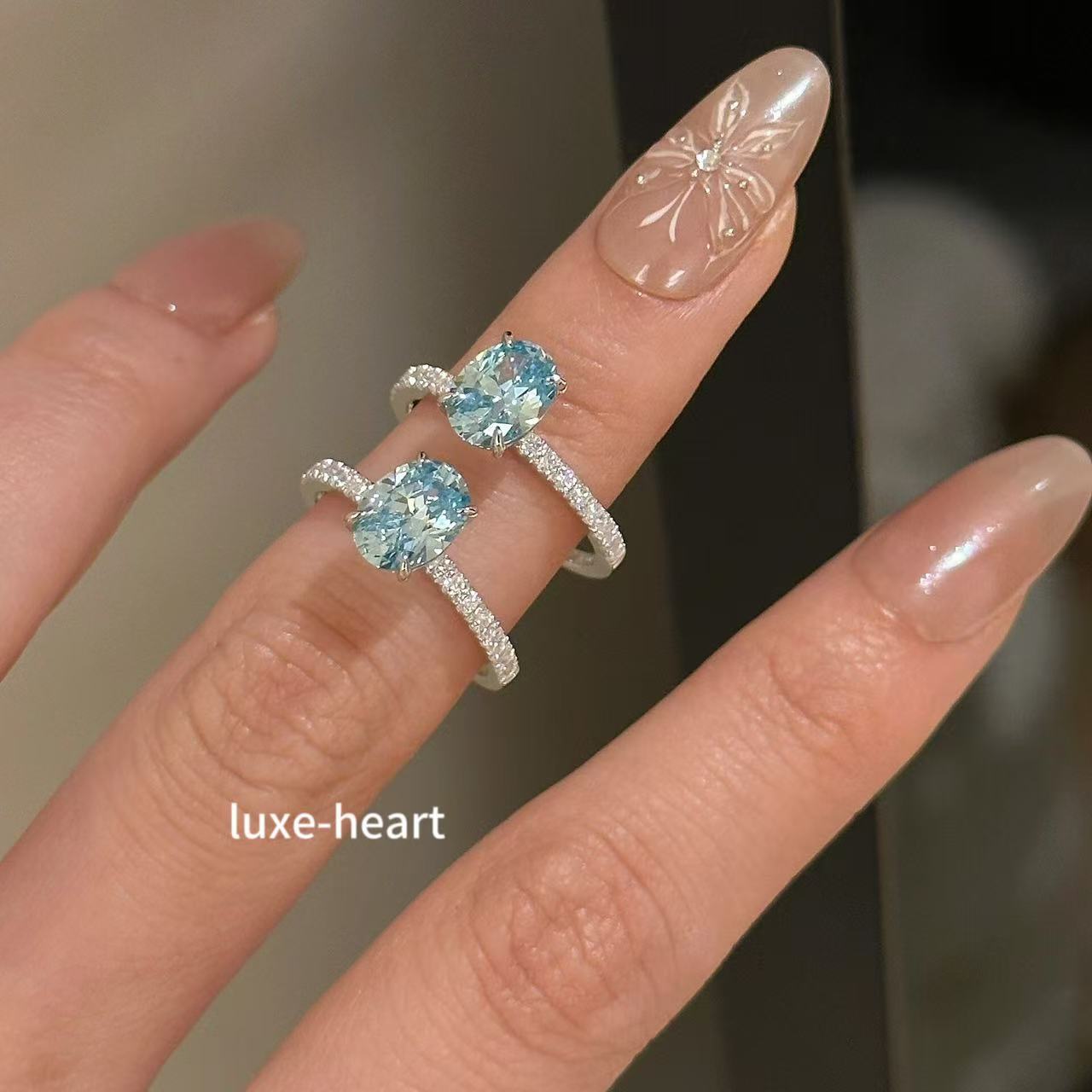 925 Silver High Carbon Diamond Sea Blue Zirconia 6*8 Ring