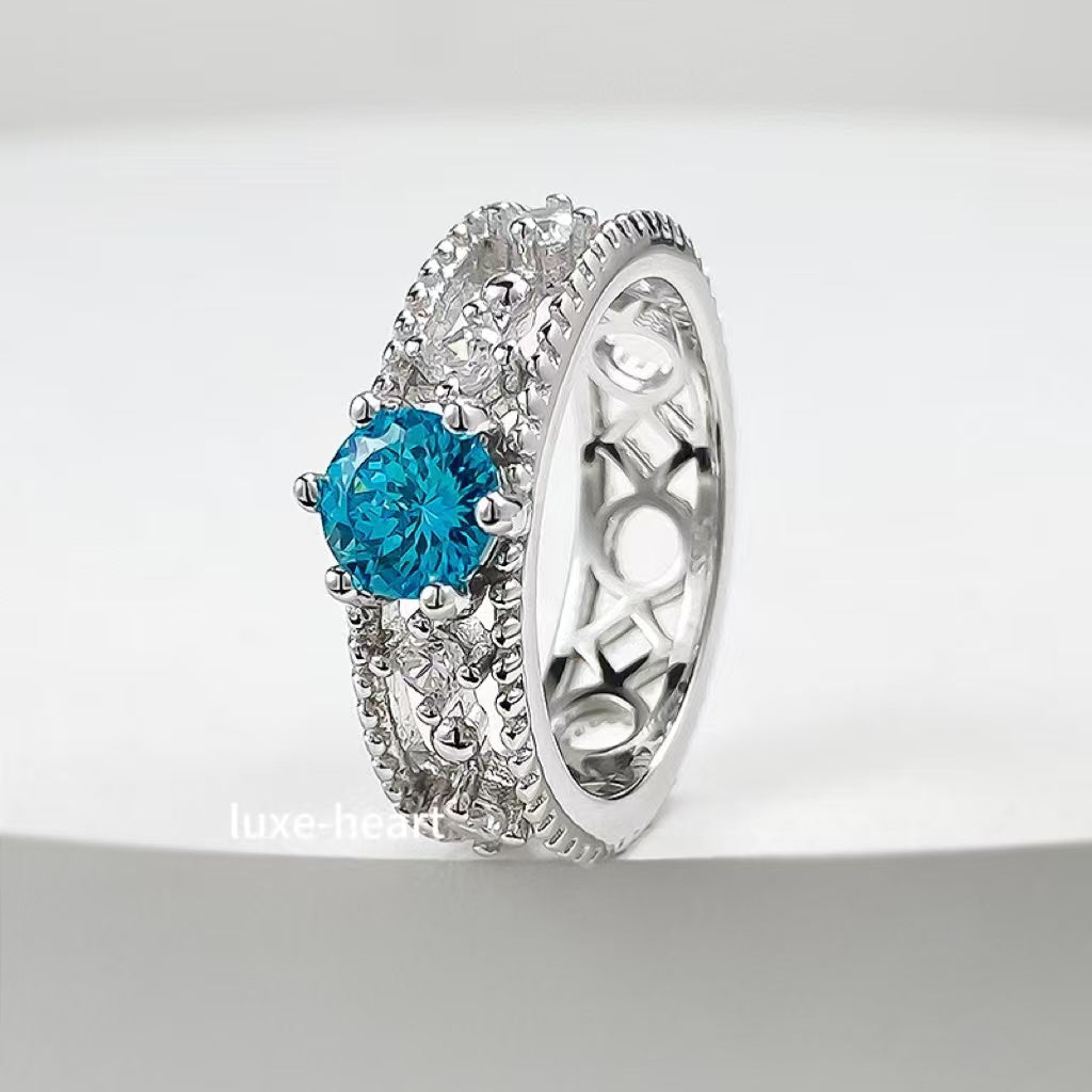 925 silver one carat blue diamond fireworks cut ring