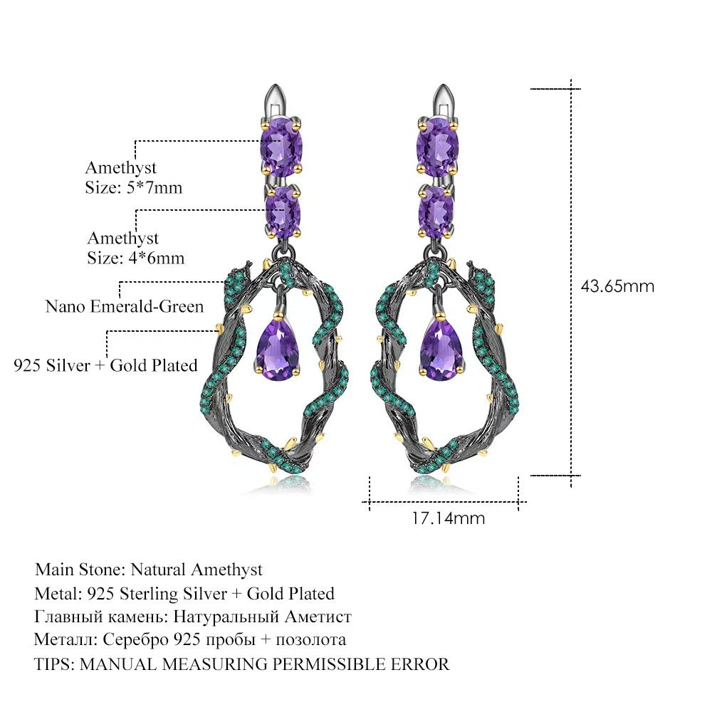 925 silver natural amethyst natural style vine design earrings