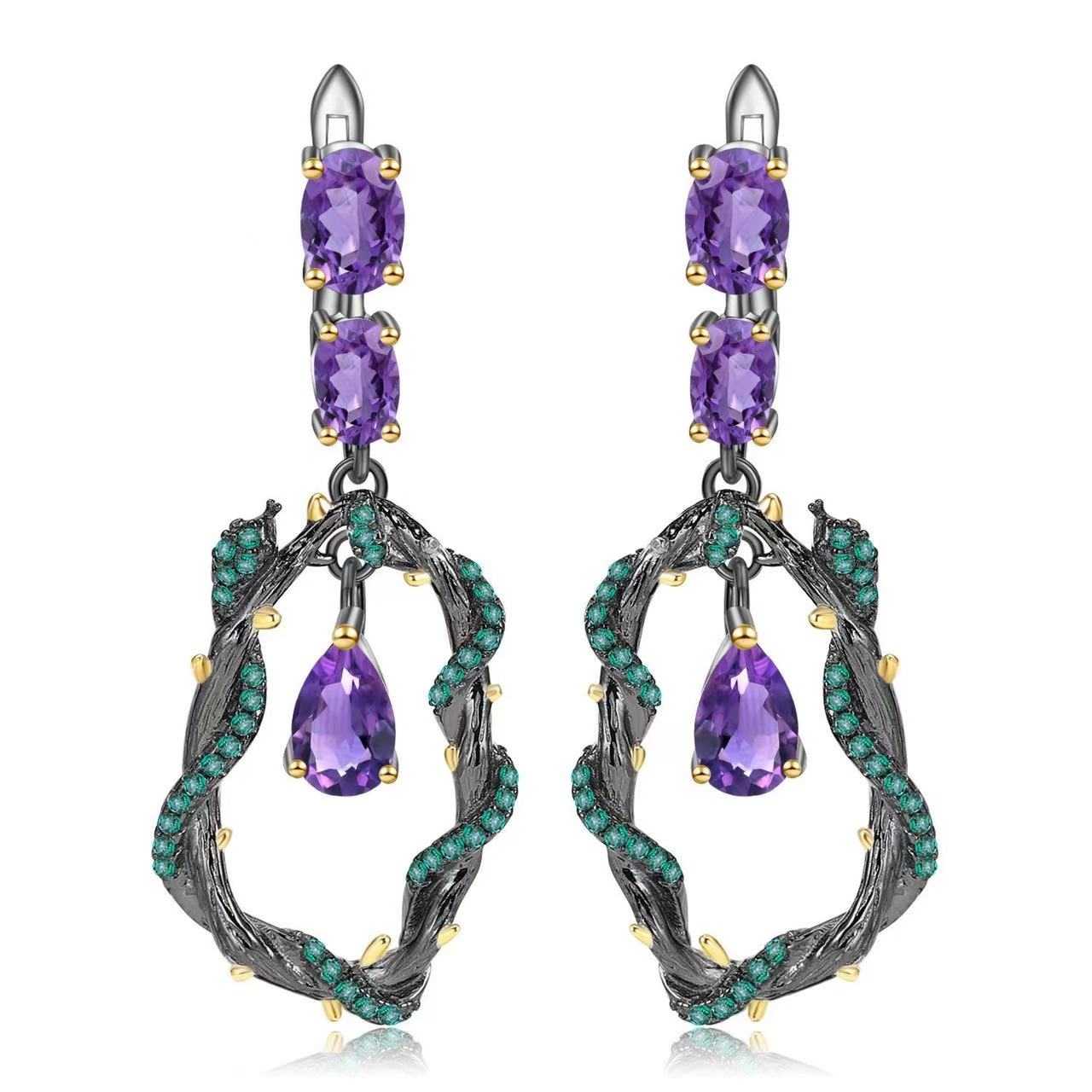 925 silver natural amethyst natural style vine design earrings