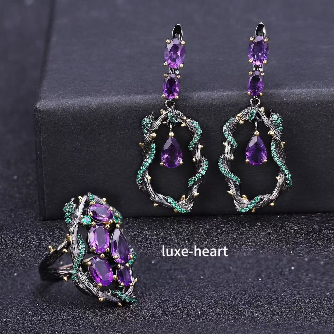 925 silver natural amethyst natural style vine design earrings