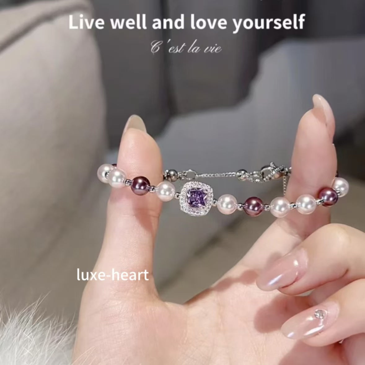 Light luxury French style niche design Shijia pearl sugar cube amethyst pull-out bracelet