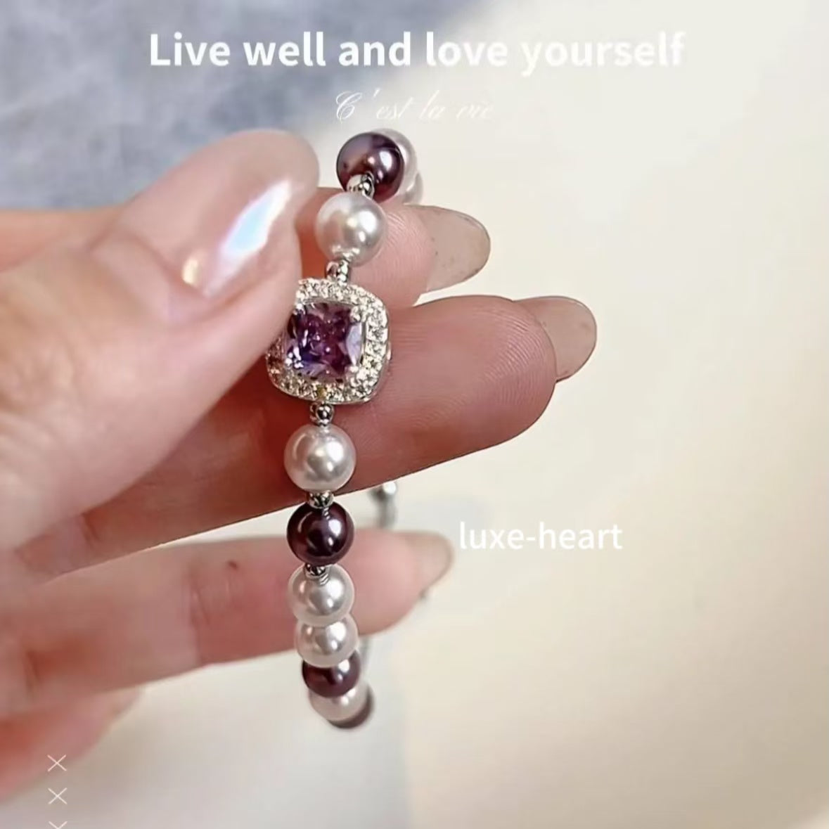 Light luxury French style niche design Shijia pearl sugar cube amethyst pull-out bracelet